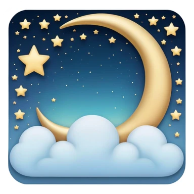 minimalist emoji style icon of a picture frame with a dreamy night sky inside, stars, crescent moon, gentle cloud, pastel color palette, clean lines, subtle gold accent for inspiration sticker