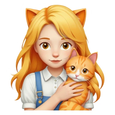 Caucasian girl - long yellow hair - white suspenders - hugging - a orange cat sticker