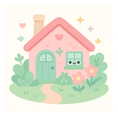 a pink cottage in a lush garden, cottagecore style, soft pastel colors, whimsical details sticker