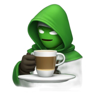 Green hooded assassin sipping coffee sticker