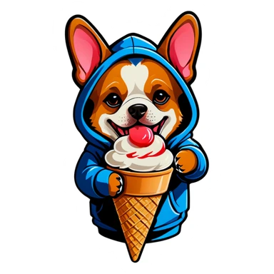 Dog earing a hoodie with an icecream sticker