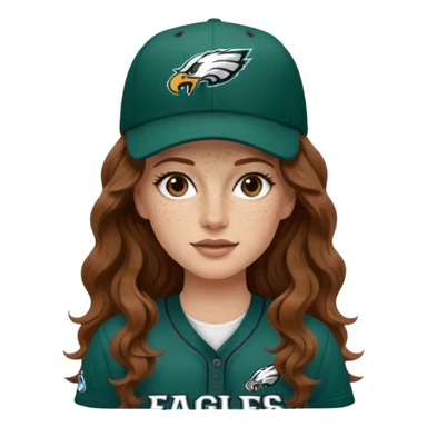 White girl with long brown wavy hair and freckles wearring a Philadelphia eagles jersey and baseball hat sticker