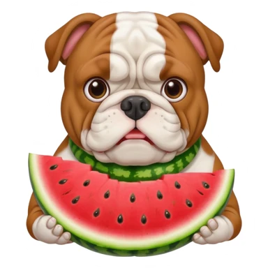 bulldog with brown eyebrows holding a watermelon sticker