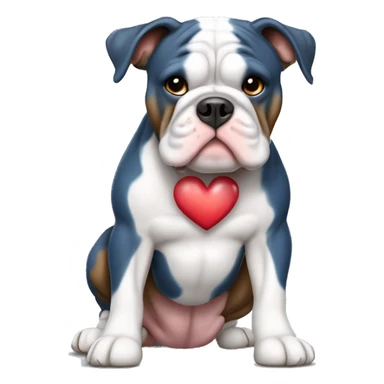 Blue tricolored olde English bulldogge with a heart sticker