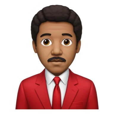 Richard Pryor with dark brown hair, red suit jacket, black suit shirt with red tie sticker