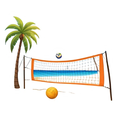A volleyball resting on the orange sand of a beach, with a volleyball net in the background. The scene captures a sunny beach atmosphere with clear blue sea and sky, palm trees swaying, and people in swimsuits enjoying the vibrant surroundings sticker
