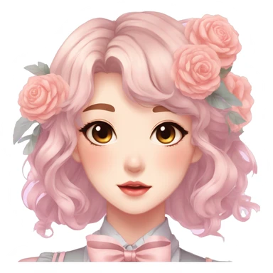 Gorgeous pastel anime style lady with blushing face and flowers and laces and bow ties and pretty hair aesthetic trending style sticker