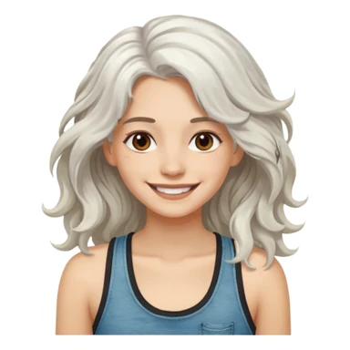 woman with wavy long white hair and brown eyes. smiling in a grunge tanktop sticker