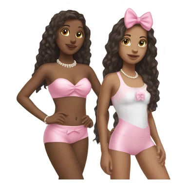 two teenage Latina best friends wearing pink. Long hair. Pink bows. Pearls. Light pink. Diamonds outfits. Two piece swimsuit sticker