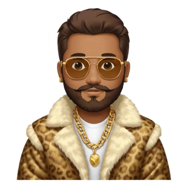 émoji homme barbu, cheveux bruns plaqués collés au crane avec raie au milieu, grosses lunettes de soleil rectangulaires à grosse branches, gros bijoux en or (chaine, montre,) manteau de fourrure très fluffy sur les épaules sourire en coin, boucles d'oreilles sticker
