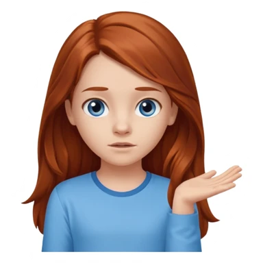 shrugging emoji tween long auburn hair light blue shirt with a darker blue L sticker