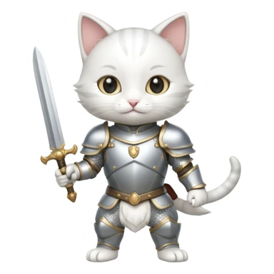 baby chibi white cat in silver armor, full body, smile, hold sword sticker