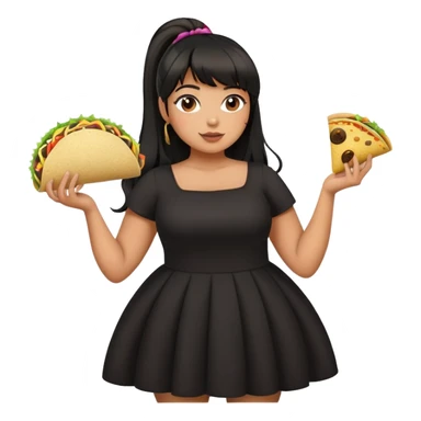 Latina girl with bangs black long hair in pony tail plus size black dress holding a taco sticker