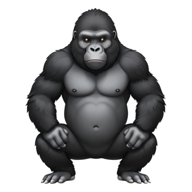 cinematic-friendly relaxed gorilla-realistic-full-body-crouched on all fours on knuckles-emoji,-poised-with-confidence,-massive-arms-hanging-slightly-forward,-head-tilted-thoughtfully,-thick-black-fur,-deep-dark-eyes-full-of-intelligence,-simplified-yet-realistic sticker