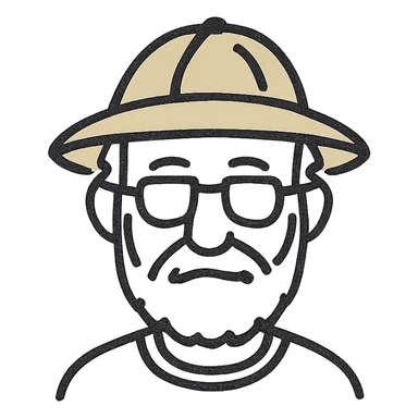 An elderly man with white hair and beard, wearing glasses and a yellow explorer hat sticker