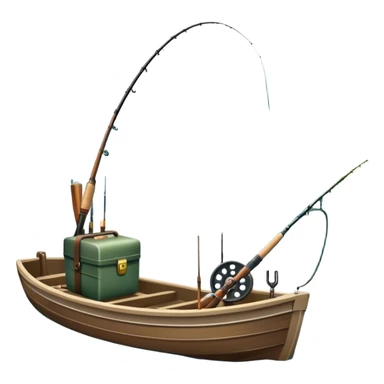 Icon for Fishing: a fishing boat by a water body with a beautiful nature backdrop, a spinning rods, fishing boots, and a fishing tackle box. The icon should evoke the peaceful and adventurous spirit of fishing. Transparent background. sticker