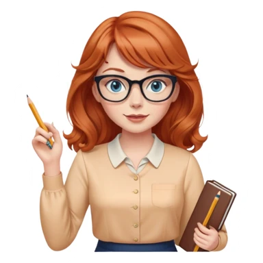 redheaded woman with long wavy hair and bangs, blue eyes, cat-eye glasses, pencil skirt, apricot blouse, holding a pencil, waving sticker