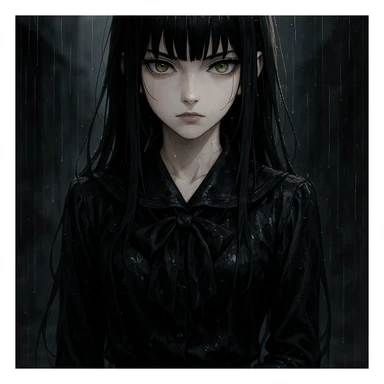 EchoMoon, silent mysterious anime girl, long black hair, sharp bangs, pale skin, amber green eyes, cold beauty, wet black school uniform, gloves, standing in rain, cinematic noir atmosphere, dramatic shadows, gothic shoujo, ultra-detailed sticker