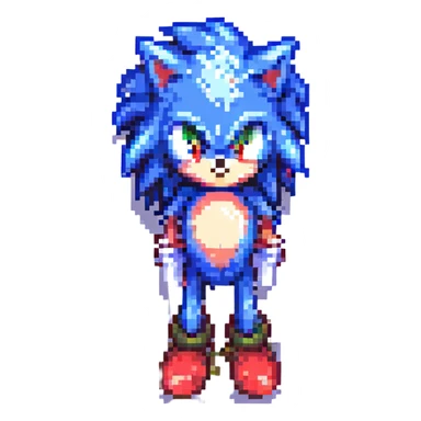 Change Sonic's eyes to red, keep pixel art style, no background sticker