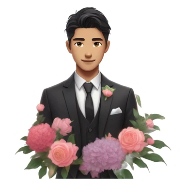 Gorgeous romantic anime style Asian formal modern gentlemanly guy with flowers and blushing face aesthetic trending style outside with colorful gradient colors sticker