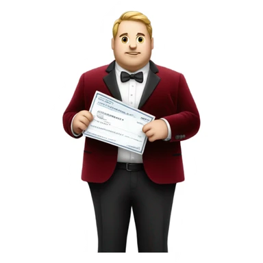 fat guy in dark red velvet suit holding cheque sticker