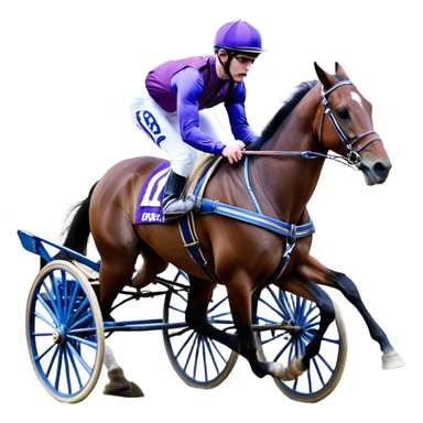 A high-speed harness racing scene featuring a powerful brown trotting horse. The horse is in full stride with its front right leg extended forward and back left leg extended backward. The sulky, a lightweight two-wheeled cart, is painted in blue and attached to the horse’s harness. A jockey, dressed in a vibrant purple, is seated in the sulky, gripping the reins tightly and wearing a purple helmet with goggles. sticker