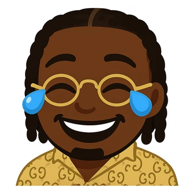 Create an emoji in the style of the provided image, a laughing face with tears of joy, keeping exactly the same dark skin tone, braided hair (same implantation, volume, and shape), golden glasses, patterned shirt, same teeth shape and natural smile as in the reference. Maintain the general emoji style with a transparent background. sticker