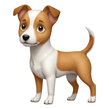 a full body white jack russel looking dog the size of a kelpie with light brown ears and a light brown patch on one eye and a large snout sticker