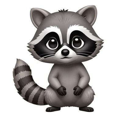 Cinematic-cute Raccoon-Realistic-hunched Full-Body on all fours-Emoji – Tail flicking lazily, head tilted dramatically, thick grey fur with a signature black mask, sharp and alert ears, simplified yet realistic focused features, highly detailed, glowing with an almost sarcastic glow big black eyes realistic body sticker