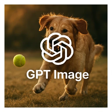logo of chat gpt with text "GPT Image" on the background of a dog chasing ball, realistic image sticker