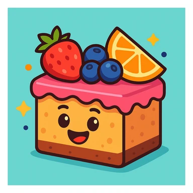 cartoon dessert bar, fruit toppings, animated style, cheerful, clean background sticker