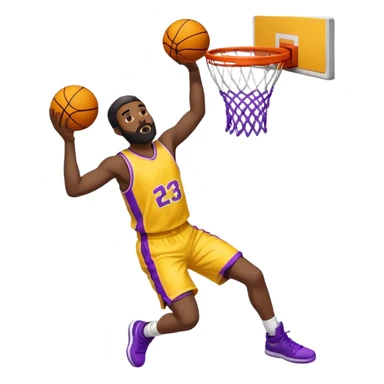 Man with a yellow basketball jersey with a purple number 23 on it. Black man with a beard dunking  sticker