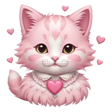 A pastel pink kitten with heart-shaped markings, a lace ribbon collar, surrounded by floating hearts. sticker