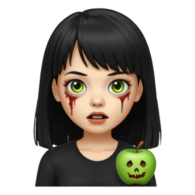 uma garota zumbi no formato Memoji da apple com o cabelo cumprido, preto liso e com franja, blusa preta sticker