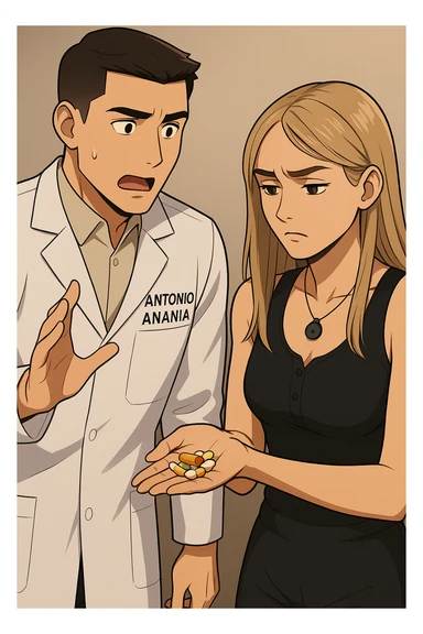 fai un webtoon/manga a colori con questo kinesiologo in camice bianco (fagli la scritta "ANTONIO ANANIA" SUL CAMICE) CHE PARLA CON QUESTA RAGAZZA. LA RAGAZZA HA UN PUGNO DI INTEGRATORI IN MANO (TANTE PILLOLE DIVERSE) E LE GUARDA DUBBIOSA. IL KINESIOLOGO CON IL CAMICE BIANCO LE DOMANDA UNA COSA SCIOCCATO. NON FARE I FUMETTI, FAI SOLO LORO COME SE DIALOGASSERO sticker