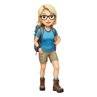 Woman in her 40s with glasses wearing sporty outfit, hiking boots, and backpack looking happy and curious sticker
