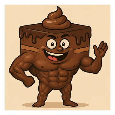 Make the abs on the chocolate cake more realistic while keeping a playful character style. Use a simple background. sticker