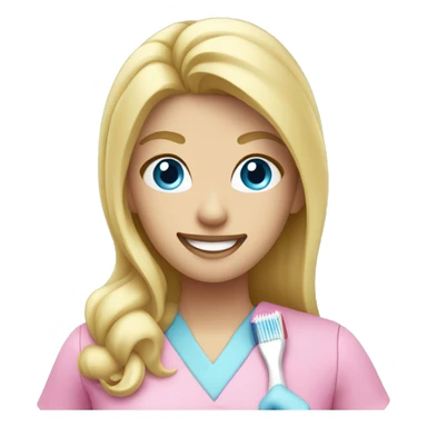 blonde dentist with blue eyes pink scrubs and holding tooth brush sticker