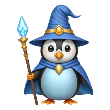 penguin dressed as a wizard, with a pointed hat and a magic staff, cute emoji style sticker