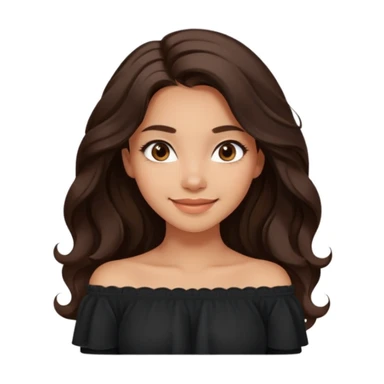 modern emoji of a young woman with medium skin tone, long wavy dark brown hair, black off-shoulder top, soft friendly smile, expressive eyes, clean warm charming style, relaxed confidence, light neutral color background sticker