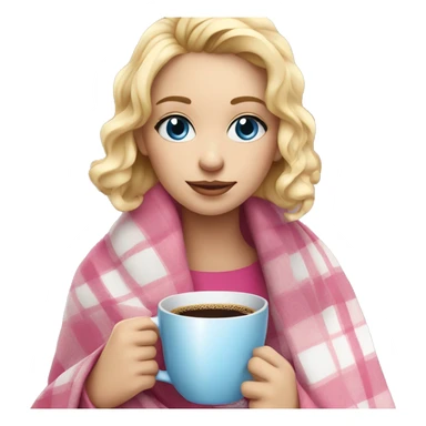 cute blonde girl wrapped in pink plaid blanket drinking coffee blue eyes sticker