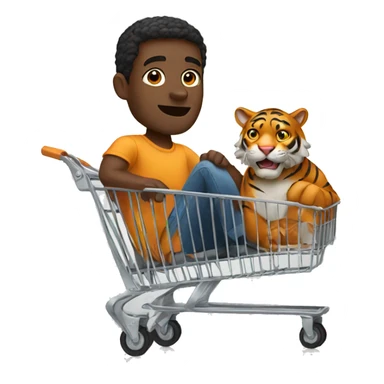 a black man riding in a shopping cart with a tiger sticker
