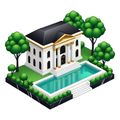 white and black expensive luxurious divine glorious beautiful gorgeous glittery marble mansion aesthetics with shiny gold accents with green isometric bushes and big pool sticker