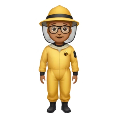 full body medium plus size male bee keeper in yellow and black with short light strawberry blonde hair and goatee wearing glasses with bee keeper hat sticker