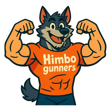 extremely muscular wolf furry, flexing with both arms, wearing a t-shirt that says 'Himbo gunners', cheerful expression sticker