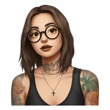 shoulder length brown hair e-girl with cross tattoo under cheek and round black glassess sticker