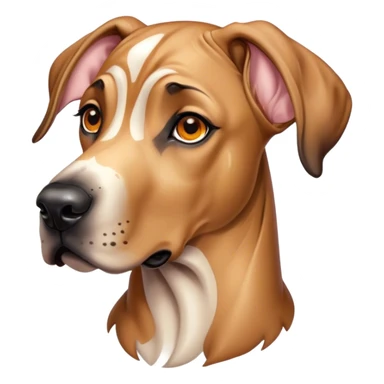 Cinematic Cute Fawn Great Dane Portrait Emoji, Head tilted playfully and inquisitively, showcasing a glossy fawn coat with a subtle luster, round, sparkling amber eyes filled with curiosity, Simplified yet irresistibly adorable features, highly detailed, glowing with a warm, friendly glow, high shine, affectionate and gentle, stylized with a touch of whimsy, bright and endearing, soft glowing outline, capturing the essence of a mischievous yet loving pup, so playful it feels like it could lumber out of the screen and into your arms! sticker