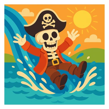 Make the pirate a skeleton pirate, keep the playful, vibrant cartoon style, on a water slide. Maintain the lively and colorful cartoon vibe. sticker