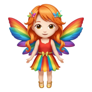 fairy with long orange hair, rainbow wings, red dress, happy, chibi full body sticker