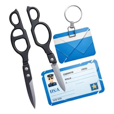 Floating black Scissors cutting an idf soldier ID card in 2 parts .hyper realistic sticker